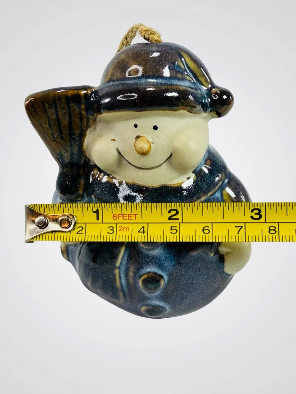 Ceramic Glazed Snowman Hanging Bell Christmas Ornament Cobalt Blue Gold Broom